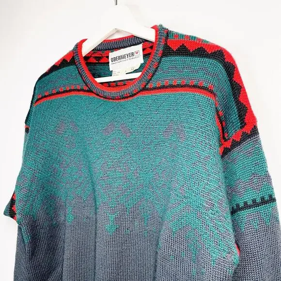 Vintage Obermeyer Sweater Ski Wool Blend Size Men’s Medium Christmas Green Red - Picture 4 of 4
